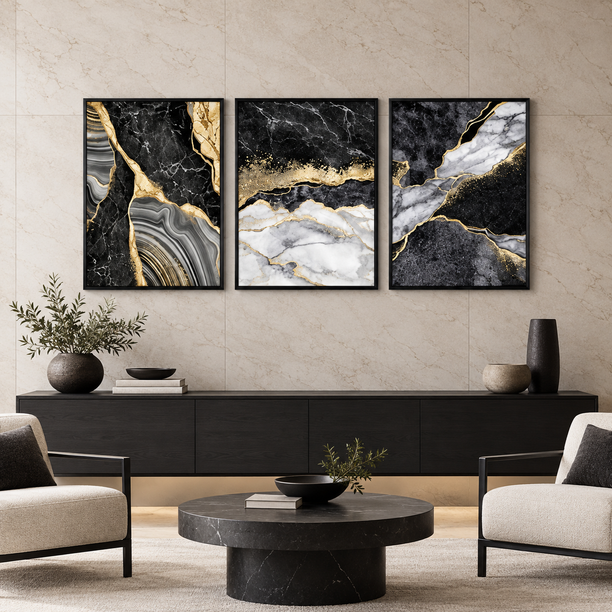 ABSTRACT GOLDEN BLACK ART – 3 PANEL SET — square premium interior mockup, complete full frame visible with safe margin