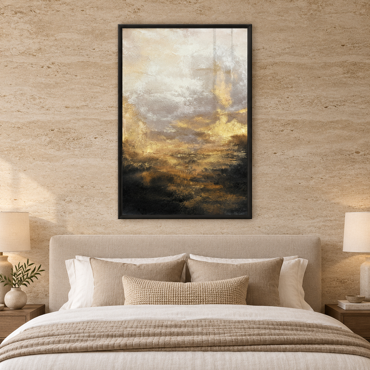 Abstract Golden Sunrise Canvas Wall Art — square premium interior mockup, complete full frame visible with safe margin