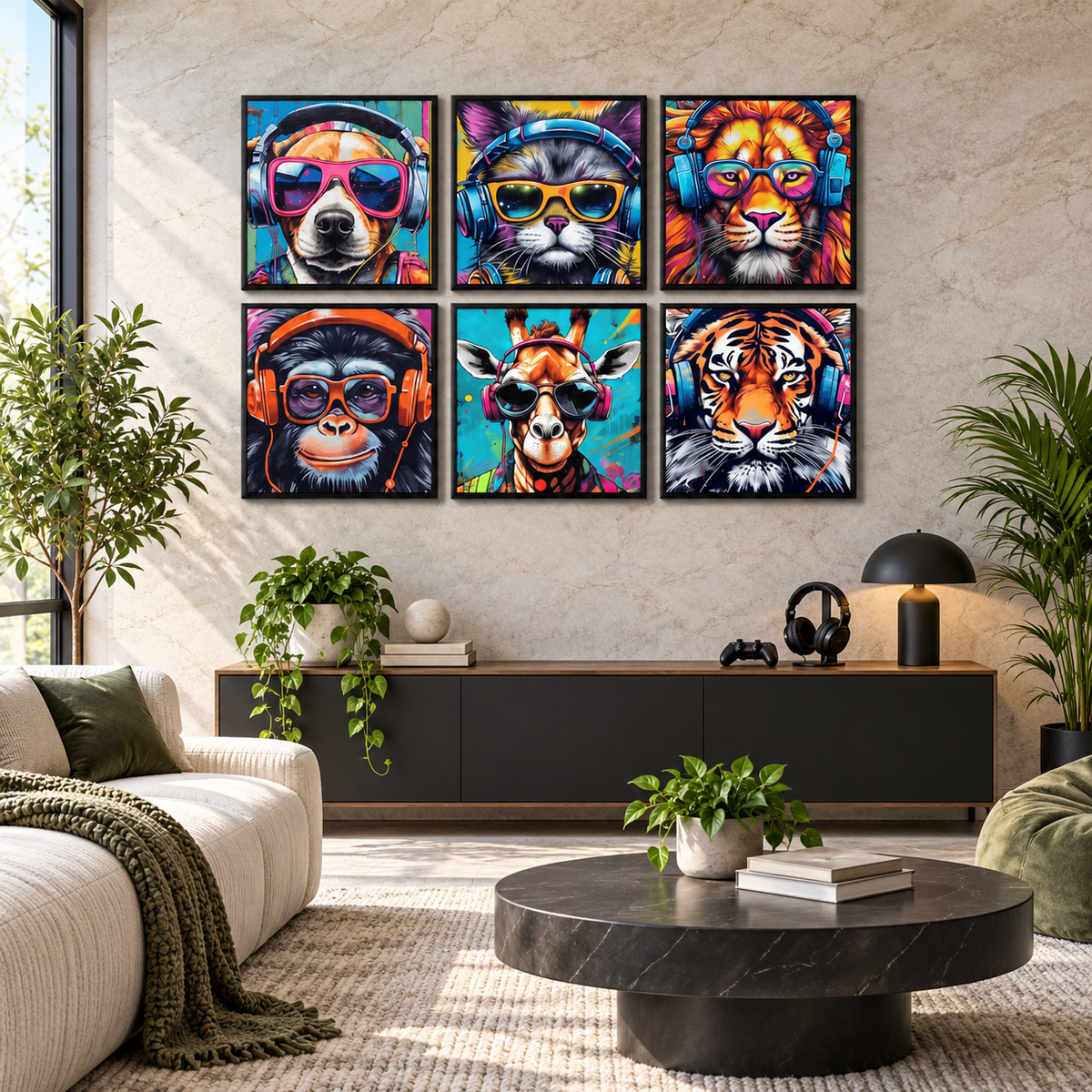 Animal Gaming Poster (6Panel) Wall Art — square premium interior mockup, complete full frame visible with safe margin
