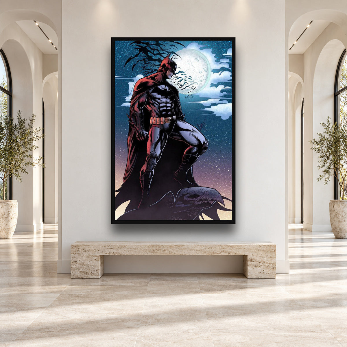 Batman in Moon Night Wall Art — square premium interior mockup, complete full frame visible with safe margin