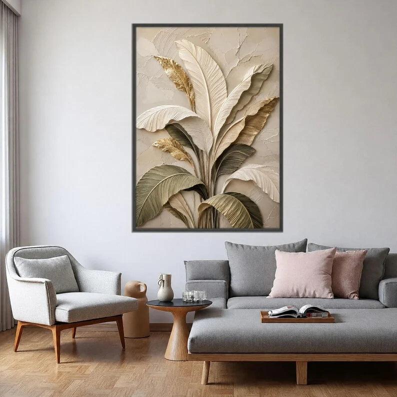 Neutral Tropical Palm Leaves Canvas Print, Beige Gold Botanical Wall Art