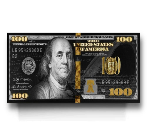 100 Dollar Bill Black & Gold Money Art Panoramic Canvas Poster Print Art Décor