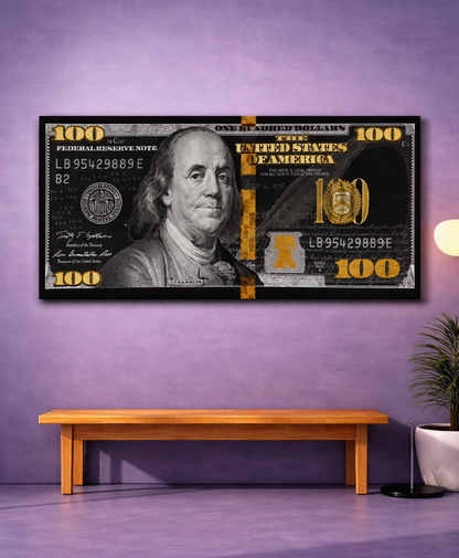 100 Dollar Bill Black & Gold Money Art Panoramic Canvas Poster Print Art Décor