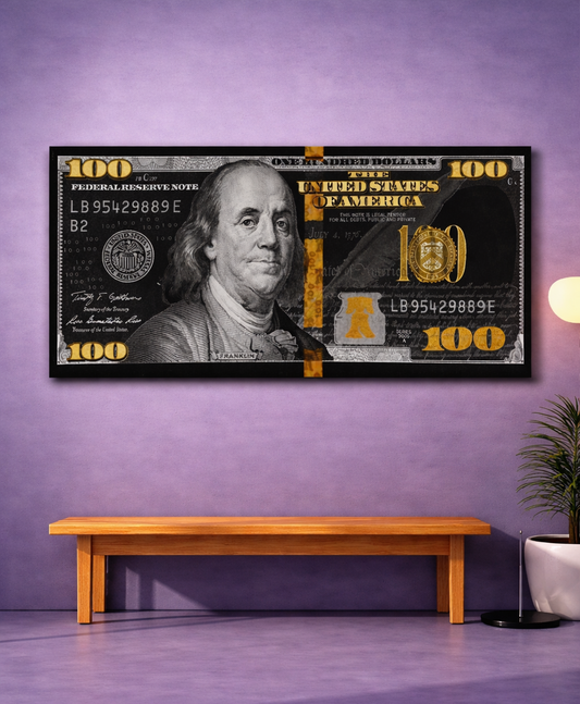 100 Dollar Bill Black & Gold Money Art Panoramic Canvas Poster Print Art Décor