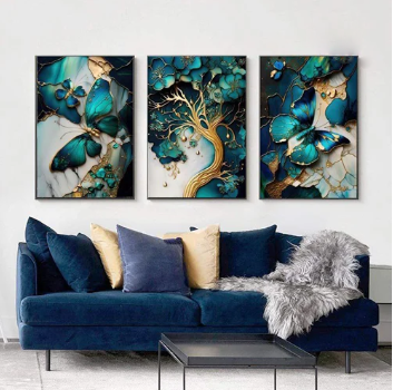 Golden Blue Butterfly Abstract  (3panel) | Wall Art