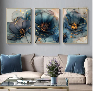 Blue and Gold Floral Artwork Abstract  (3panel) | Wall Art
