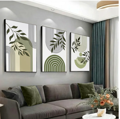 Sage green leaves and olive geometric Abstract (3panel) | Wall Art
