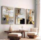 Modern Gold Foil Black and Grey Abstract (3panel) | Wall Art