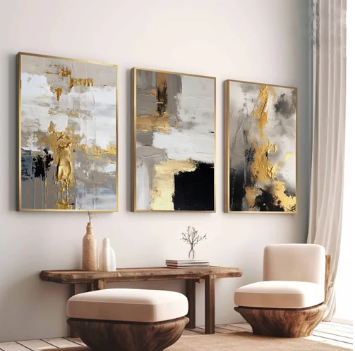 Modern Gold Foil Black and Grey Abstract (3panel) | Wall Art