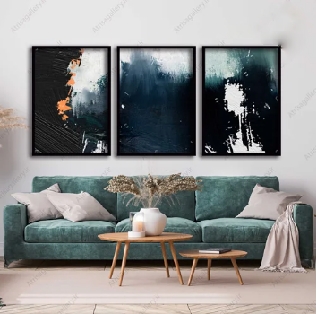 Modern Navy Blue and Teal  Seascape Abstract (3panel) | Wall Art