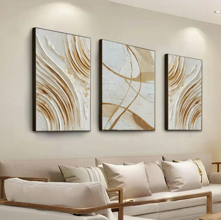 Neutral beige and textured gold tones Abstract (3panel) | Wall Art