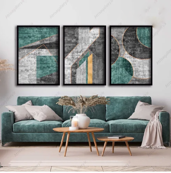 Abstract Panel Design with Teal, Gold, and Grey Accents (3panel) | Wall Art