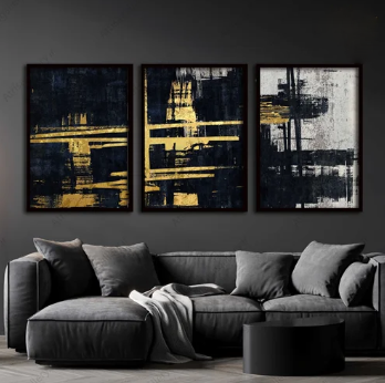 Modren Black Minimalist Geometric Gold Foil Abstract (3panel) | Wall Art