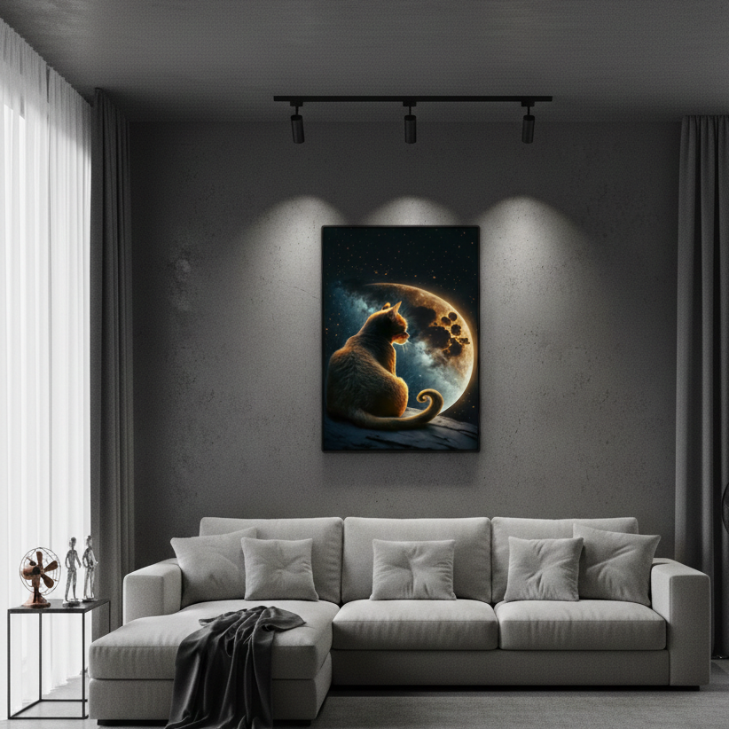 Golden Cat With Moon | Wall Art