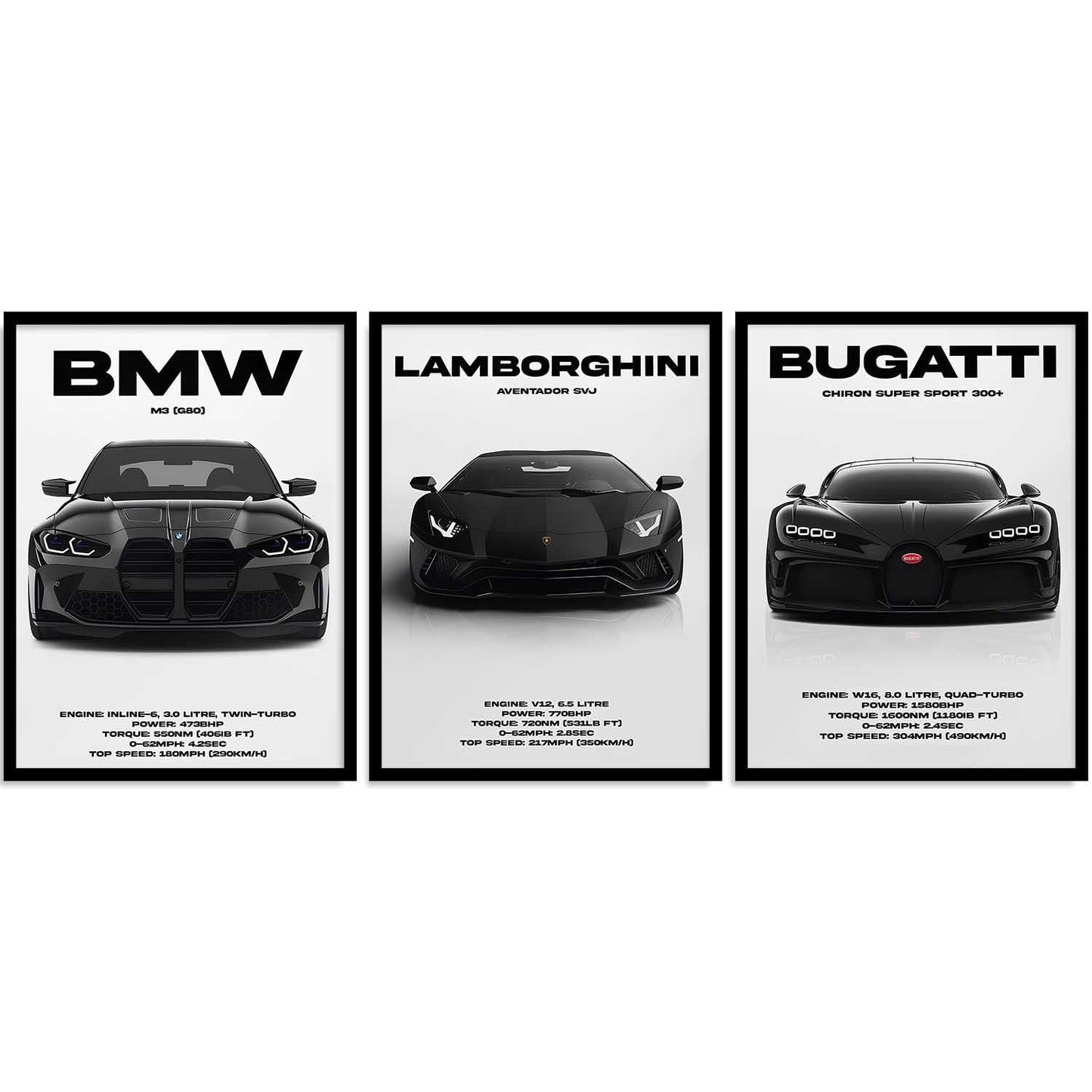 BMW M3, Lamborghini Aventador, Bugatti Chiron Cars Framed