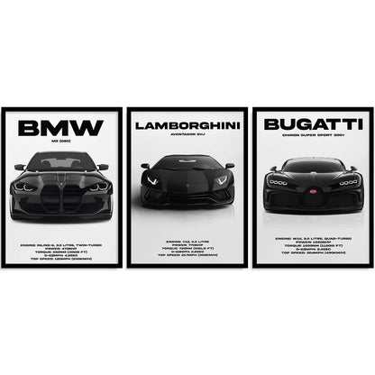 BMW M3, Lamborghini Aventador, Bugatti Chiron Cars Framed