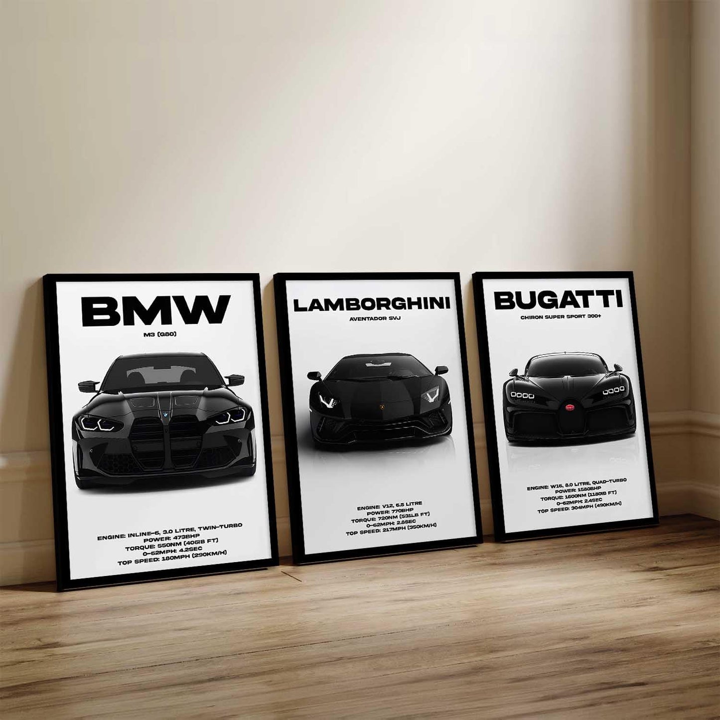 BMW M3, Lamborghini Aventador, Bugatti Chiron Cars Framed