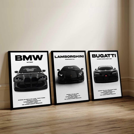 BMW M3, Lamborghini Aventador, Bugatti Chiron Cars Framed