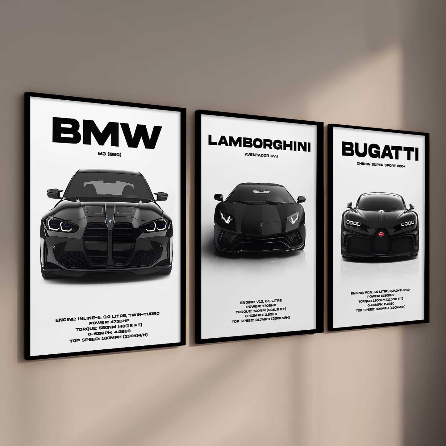 BMW M3, Lamborghini Aventador, Bugatti Chiron Cars Framed