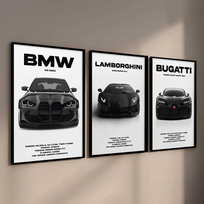 BMW M3, Lamborghini Aventador, Bugatti Chiron Cars Framed