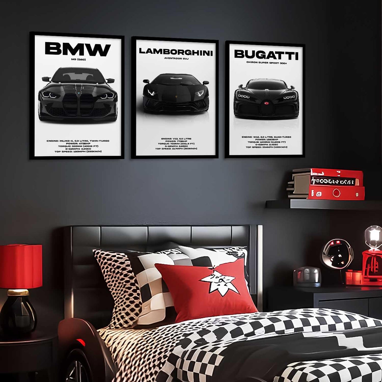 BMW M3, Lamborghini Aventador, Bugatti Chiron Cars Framed