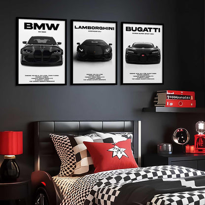 BMW M3, Lamborghini Aventador, Bugatti Chiron Cars Framed