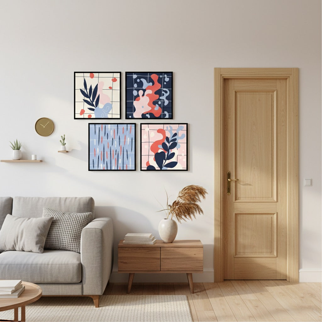Vintage Blue Pink Abstract Leaf Shape (4Panel) Wall Art