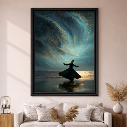 Whirling dervish in serene living room