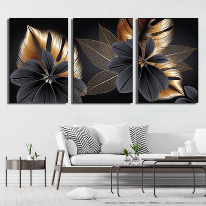 Black Gold Tropical Leaf Canvas Wall Art (3 Panel)