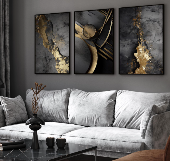 Luxury Geometrical Golden Liquid Marble Triptych Art (3panel) | Wall Art