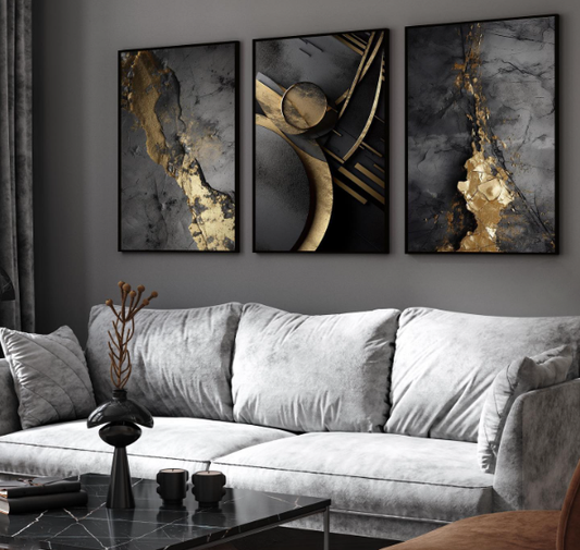 Luxury Geometrical Golden Liquid Marble Triptych Art (3panel) | Wall Art
