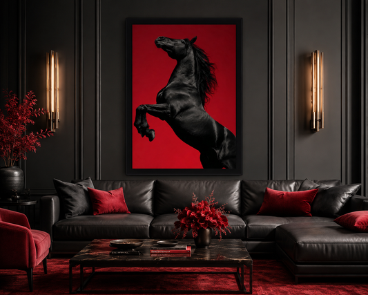 Black Horse with Fiery Red Background Single Wall art