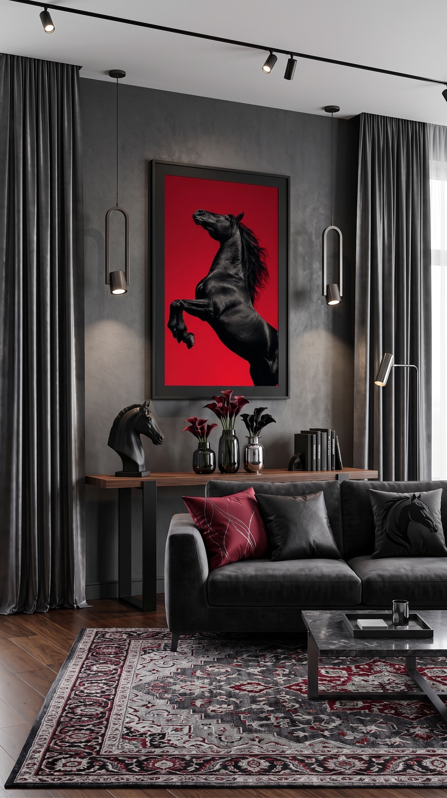 Black Horse with Fiery Red Background Single Wall art