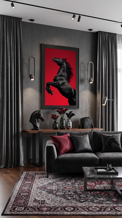 Black Horse with Fiery Red Background Single Wall art