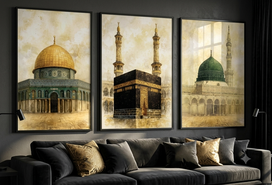 3 Holy Mosques Set of 3 Wall Art Triptych Sepia Islamic Architecture Framed Canvas