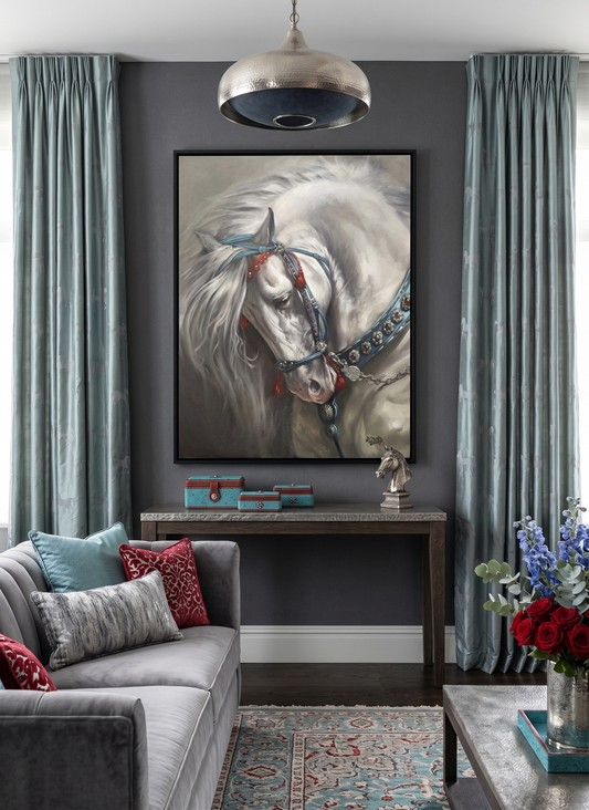 White Andalusian horse adorned in a jeweled teal bridle |Single Wall art
