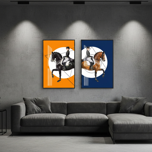 Modern Dressage Chevaux Horse Rider Blue Orange Posters Canvas Painting