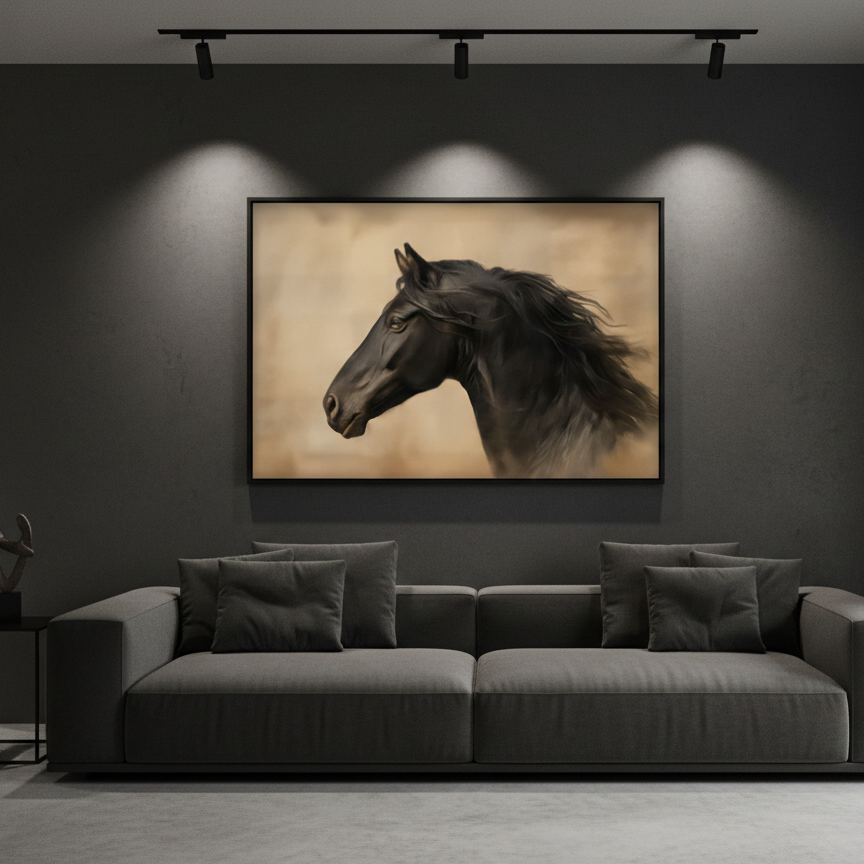 Silent Majesty – Black Horse Portrait on Warm Beige Canvas Print | Wall Art