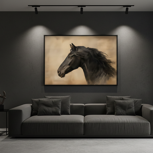 Silent Majesty – Black Horse Portrait on Warm Beige Canvas Print | Wall Art