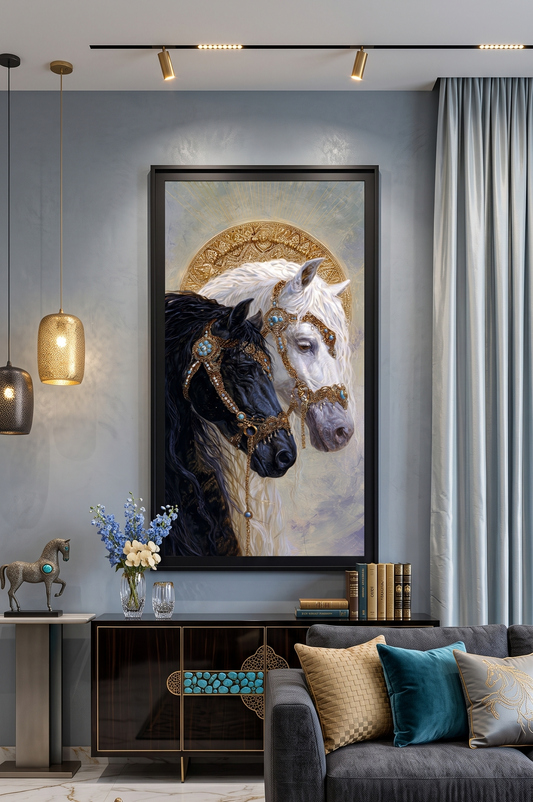Majestic Black and White Horses with Gold Halo |Single Wall art
