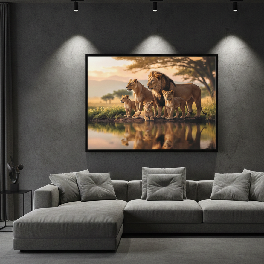 Lion Family in the Lake Painting