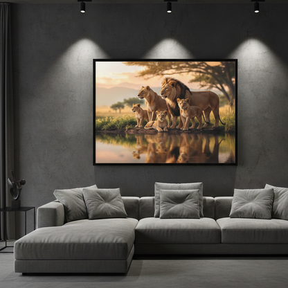 Lion Family in the Lake Painting
