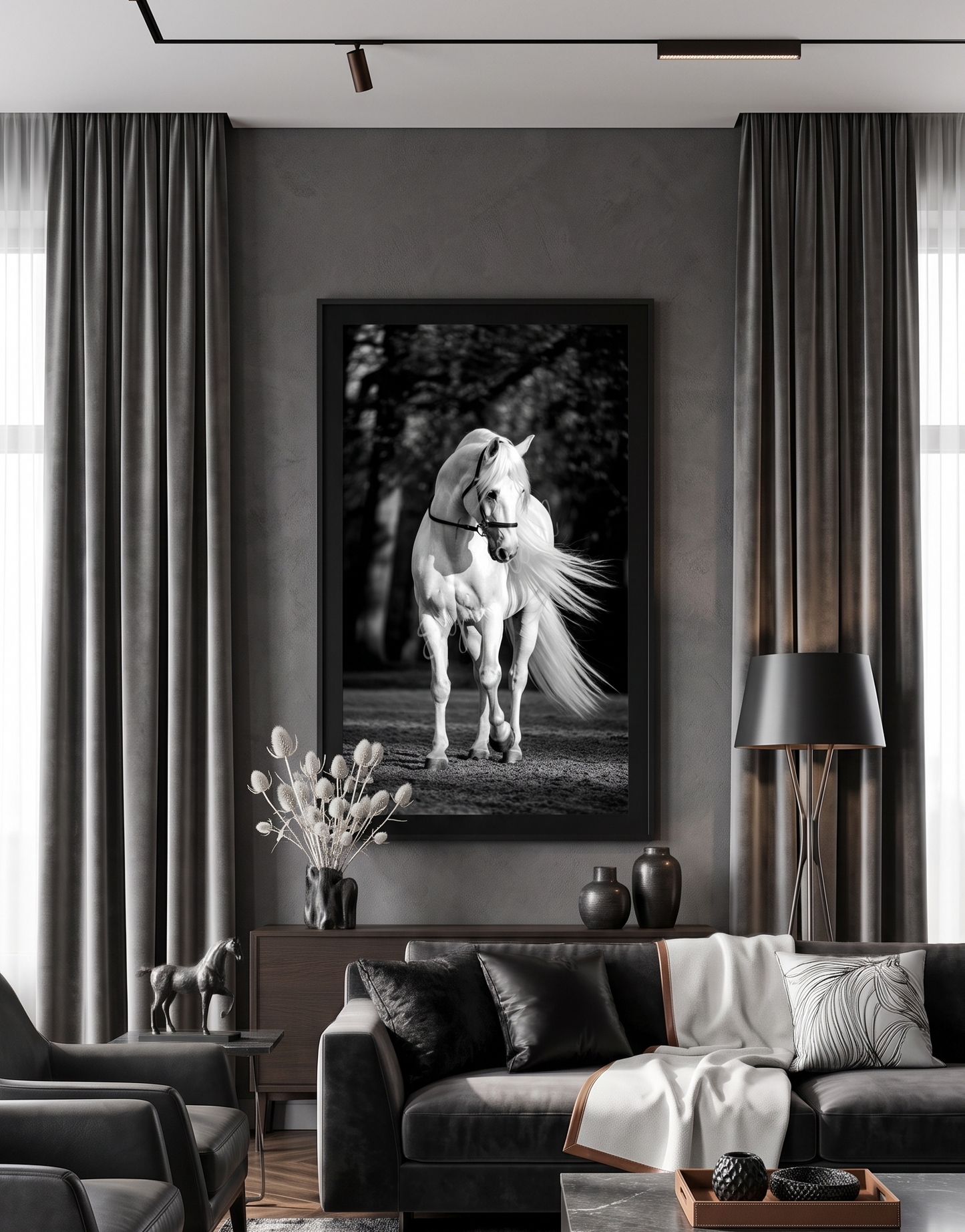 white stallion dramatic mane blowing in the wind |Single Wall art