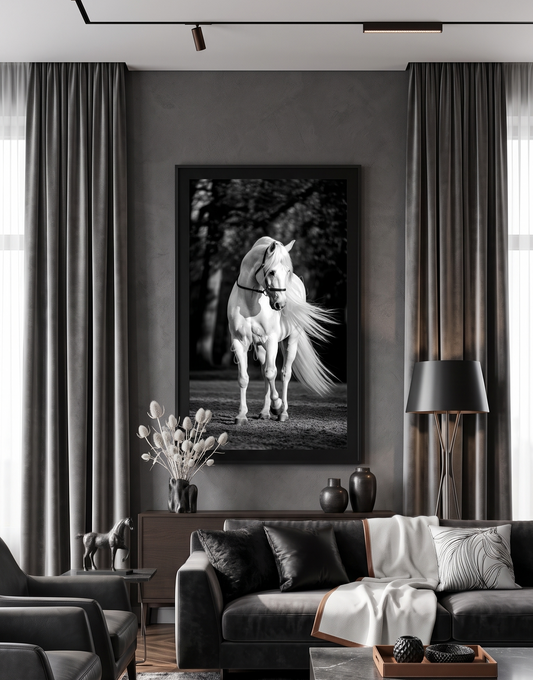 white stallion dramatic mane blowing in the wind |Single Wall art
