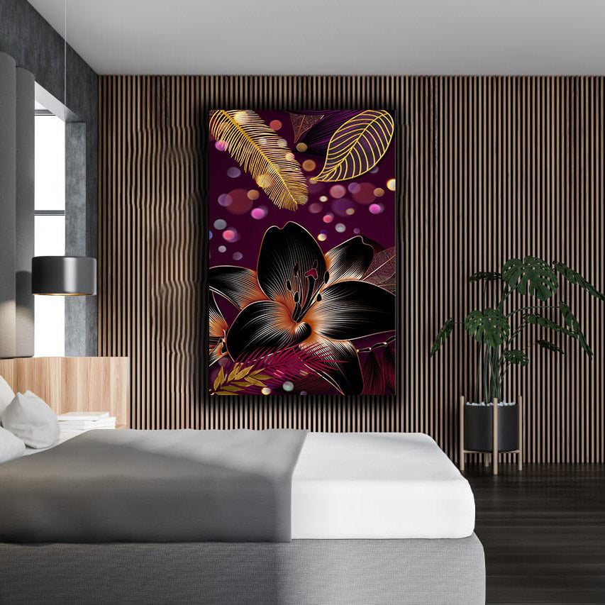 Golden & Black Flowers With Purple Background | Wall Art
