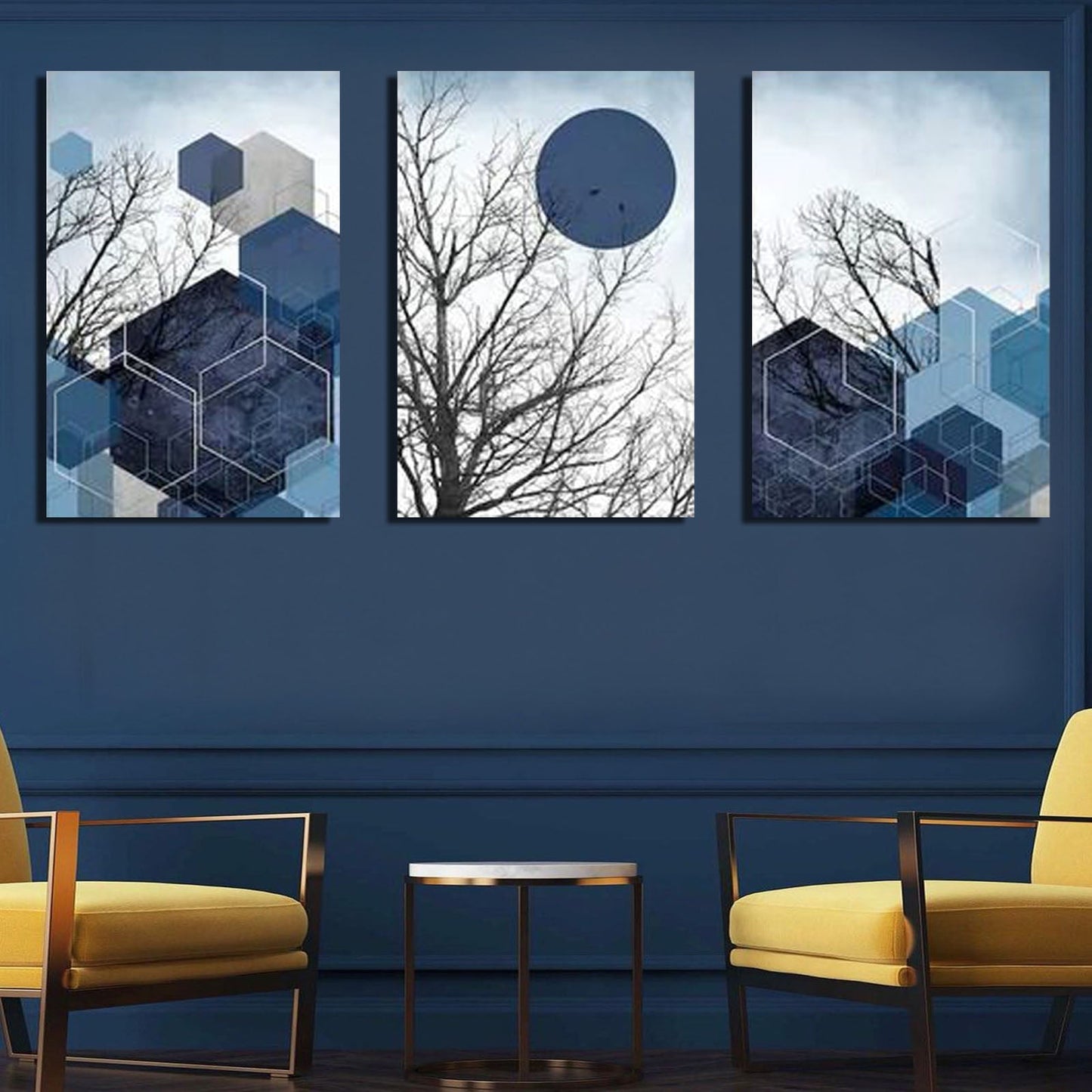 Navy Grey Silver Geometric Modern Canvas Wall Art