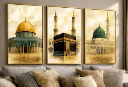 3 Holy Mosques Set of 3 Wall Art Triptych Sepia Islamic Architecture Framed Canvas
