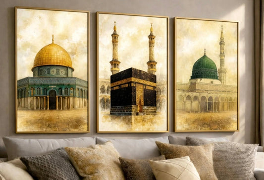 3 Holy Mosques Set of 3 Wall Art Triptych Sepia Islamic Architecture Framed Canvas