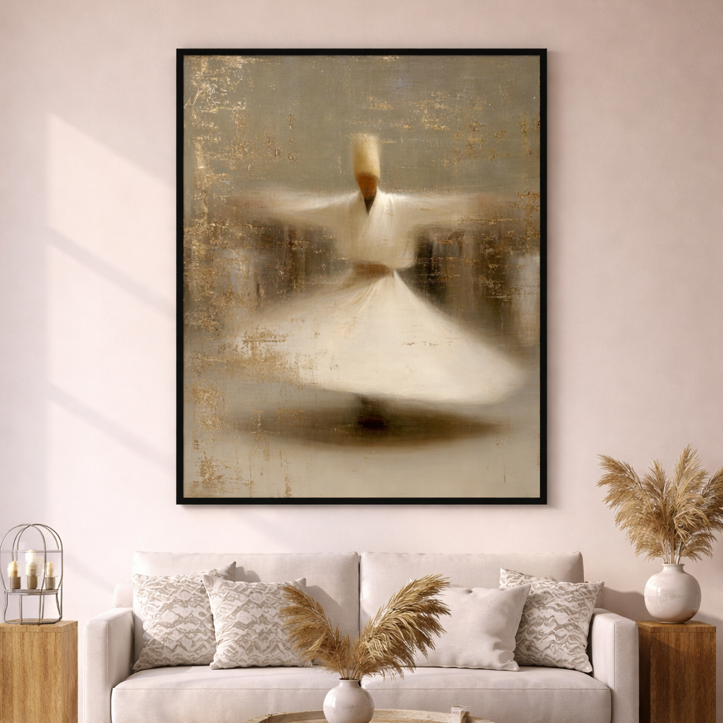 Whirling dervish in serene living room