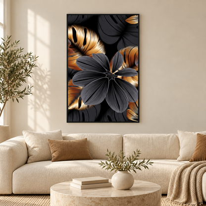 Abstract Black Copper Leaf Flower | Wall Art — square premium interior mockup, complete full frame visible with safe margin